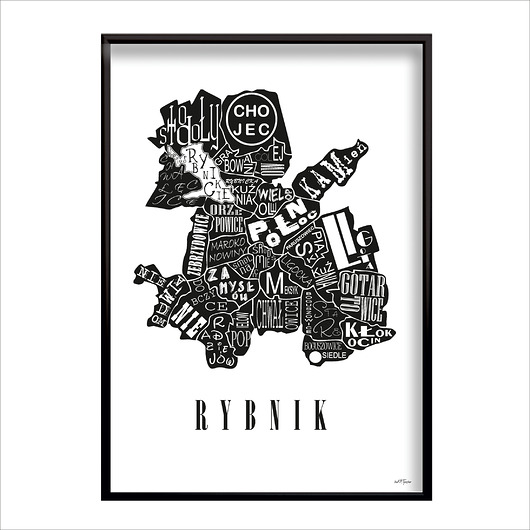 plakaty Mapa - RYBNIK plakat czarno biały