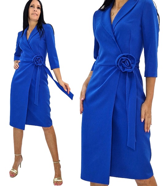sukienki midi damskie Elegancka chabrowa   Kopertowa sukienka z różą 34-50