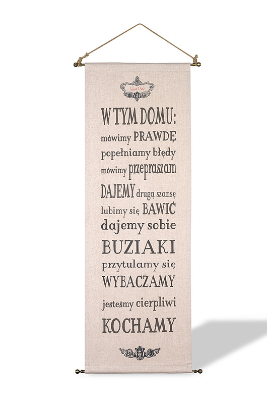 Lniana tkanina z tekstem, dekoracja na ścianę LV Home