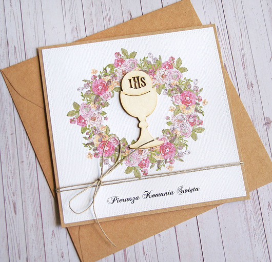 kartki na komunię Kartka z życzeniami : I Komunia Święta : wianek różowy : hostia