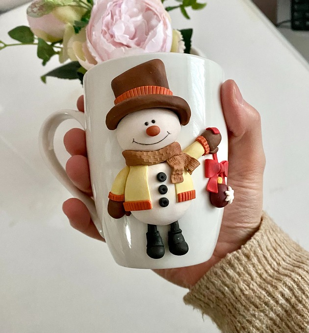 kubki Kubek 2D z dekorem z gliny polimerowej świąteczny bałwanek