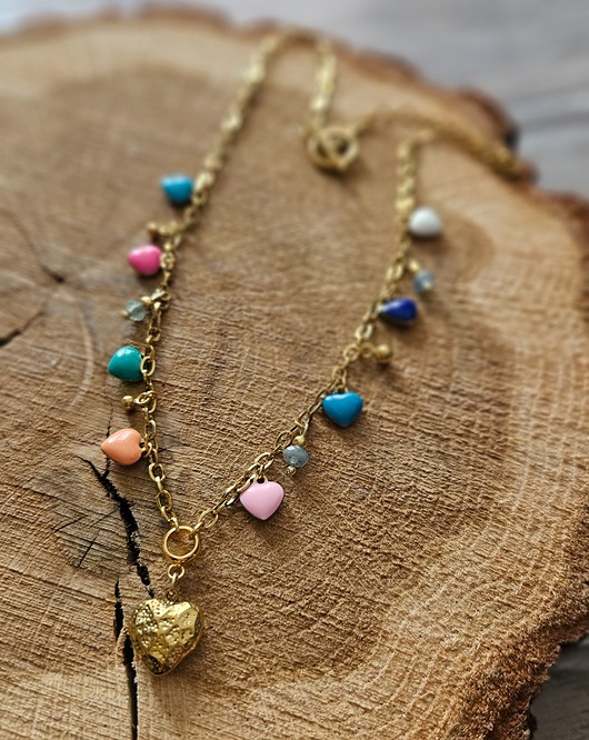 naszyjniki - inne Naszyjnik z akwamarynem i serduszkami