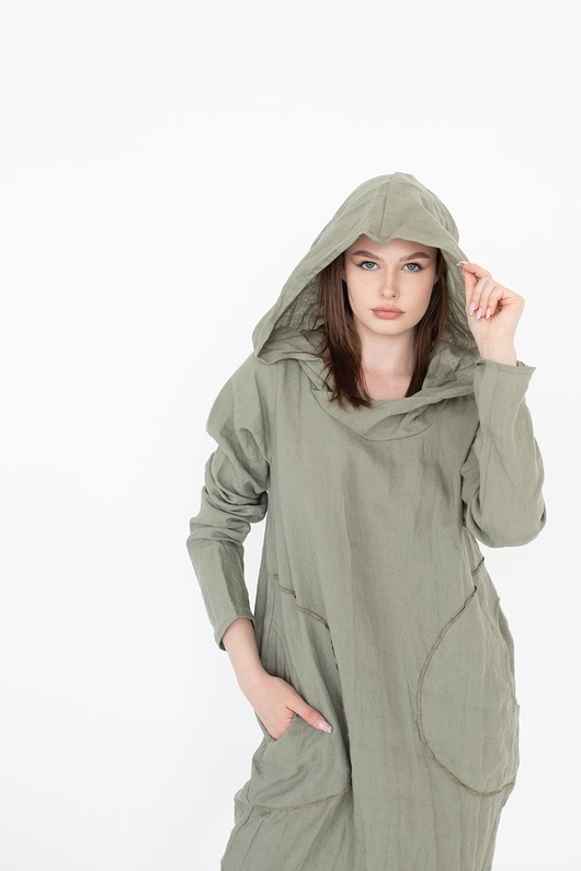 sukienki midi damskie Sukienka lniana z wielkim kapturem , długi rękaw