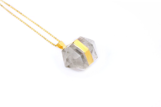 Colare Kryształ Górski Beczułka złoto Brazi Druse Jewelry