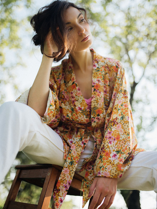 bluzki kimonowe damskie Kimono Yellow Flower SHORT