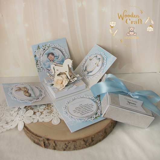 kartki, zaproszenia na chrzest Exploding box na chrzest, roczek, narodziny "BabyBlue" GOTOWY