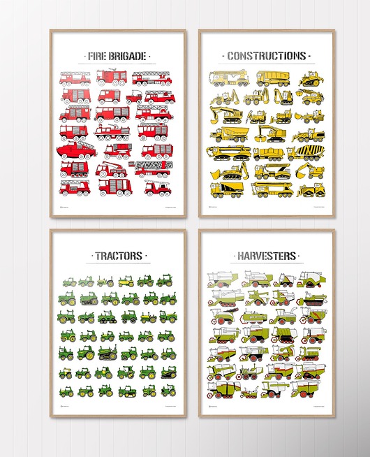 obrazy i plakaty Traktory, Koparki, Straż Pożarna 4 druki 50x70cm