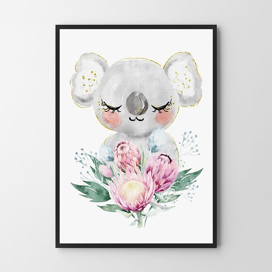 obrazy i plakaty do pokoju dziecięcego Miś Koala w kwiatach - plakat dla dziecka