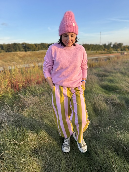 spodnie materiałowe damskie Bawełniane Barrel Leg w paski