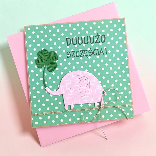 kartki scrapbooking Dużo szczęścia - urocza, uniwersalna kartka - słonik, koniczynka
