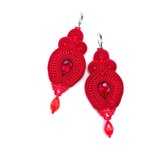 kolczyki soutache Kolczyki sutasz czerwone Verra eleganckie wieczorowe z kryształkami