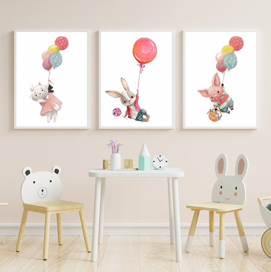 Zestaw 3 plakaty króliczek kotek balony Dekoracjan