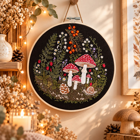 Ozdoby na ścianę Jesienne muchomory,haft w tamborku ok 20 cm średnicy