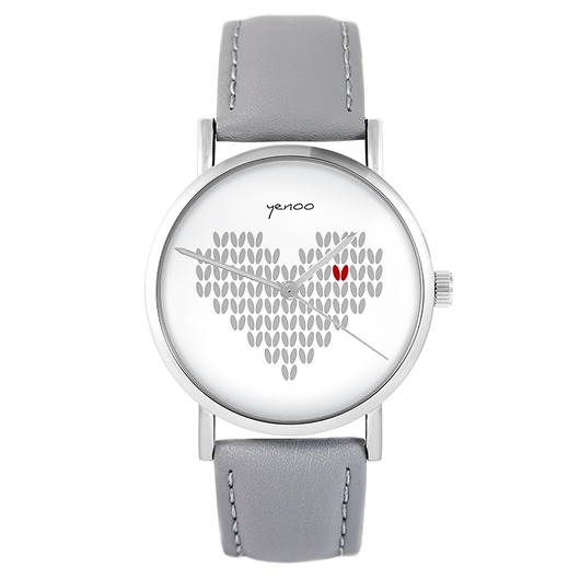 zegarki damskie Zegarek - Serce dziergane - szary, skórzany