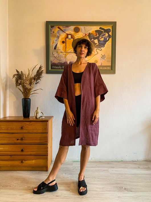 bluzki kimonowe damskie Kimono MIRA long / bakłażan