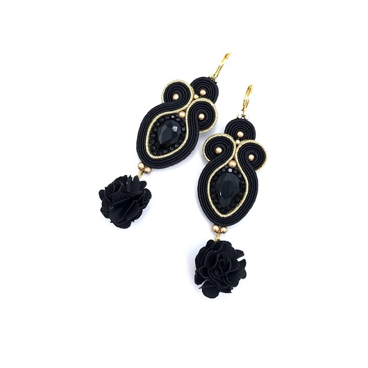 kolczyki soutache Kolczyki sutasz złoto czarne Rosalia z kryształkiem i kwiatkiem