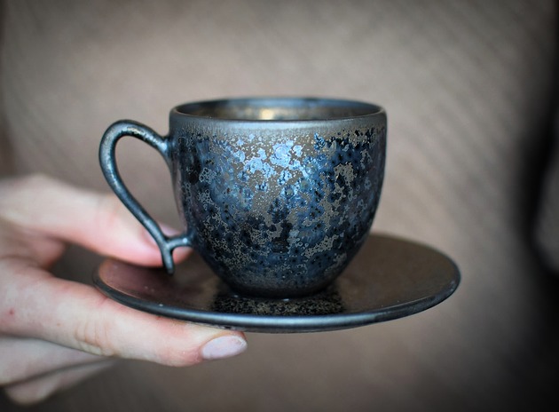 filiżanki Filiżanka espresso 80ml ceramiczna Srebrny Grafit i Ciemne Złoto Rękodzieło