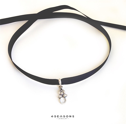 czarna obroża choker naszyjnik i srebrny kwiat 4 Seasons Jewelry