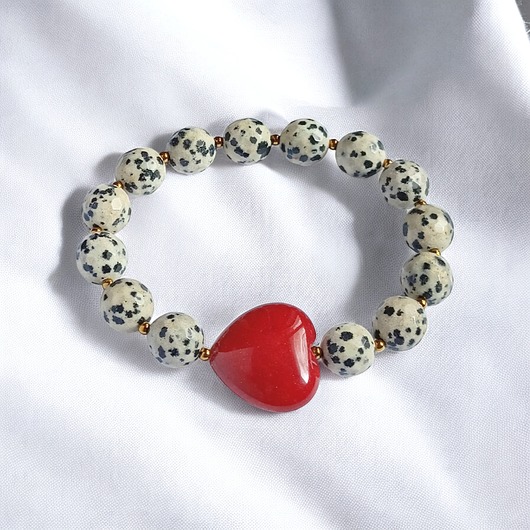 bransoletki z kamieni naturalnych Jaspis dalmatyński i serce : CZERWIEŃ : bransoletka na gumce