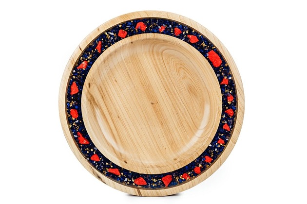 talerze, miski Dekoracyjny drewniany talerz ze smoczym ogniem