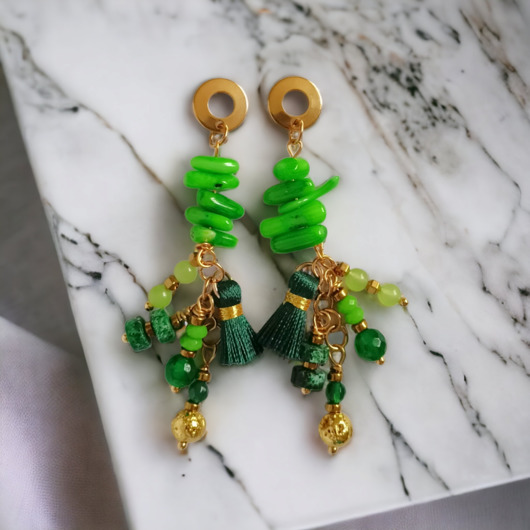 kolczyki z kamieniami Zielone kolczyki Boho : długie i fikuśne