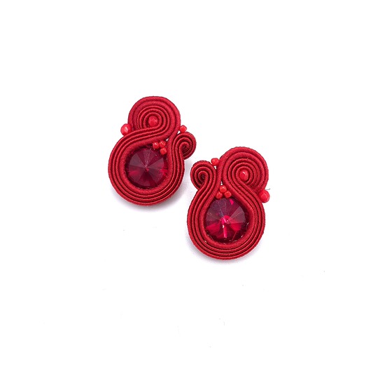 kolczyki soutache Kolczyki sutasz sztyfty czerwone nieregularne z kryształkami Ella