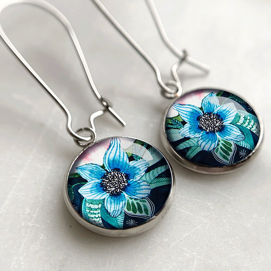kolczyki szklane Blue flower kolczyki długie z kwiatkiem