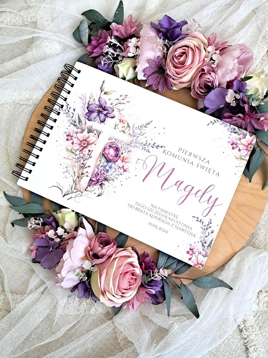 komunia - pozostałe Komunijny album KRZYŻ KWIATY dedykacja, pamiątka Komunii, prezent na Komunie