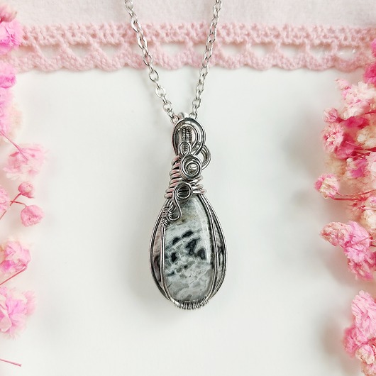 wisiory Naszyjnik Jaspis Szary stal chirurgiczna wisiorek handmade