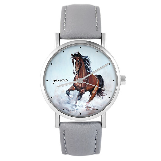 zegarki unisex Zegarek - Koń brązowy - szary, skórzany