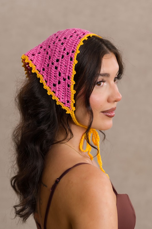 apaszki Bawełniana szydełkowa chustka bandana różowo-żółta letnia