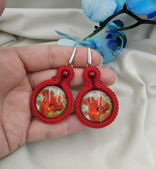 kolczyki soutache Kolczyki maki, kolczyki kwiaty, kolczyki z makami