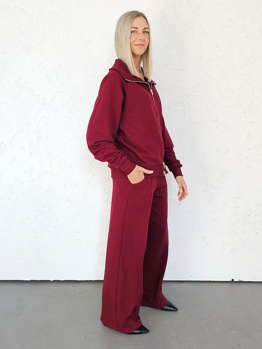 komplety damskie Katya bluza na zamek i spodnie z przeszyciem bordowy