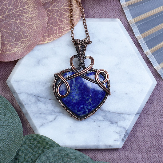 wisiory Miedziany wisiorek wire wrapping z lapisem lazuli #517