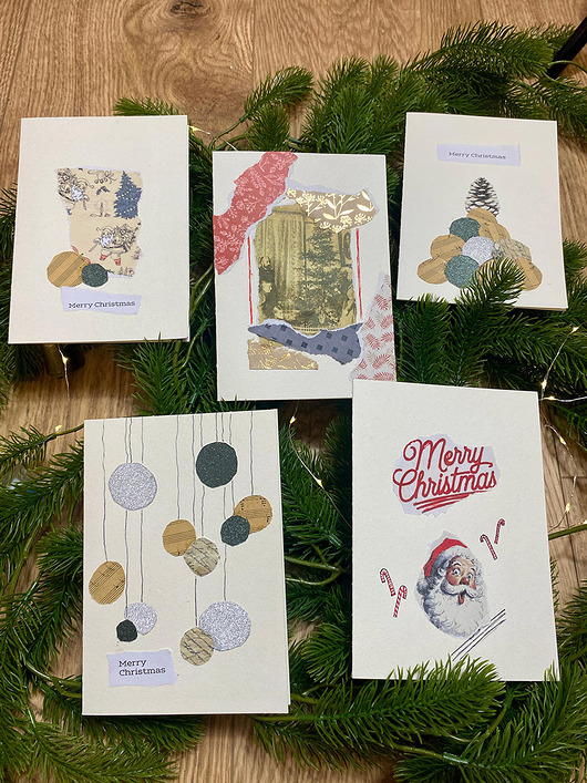 kartki scrapbooking Retro, kolażowe kartki świąteczne - zestaw 5 szt
