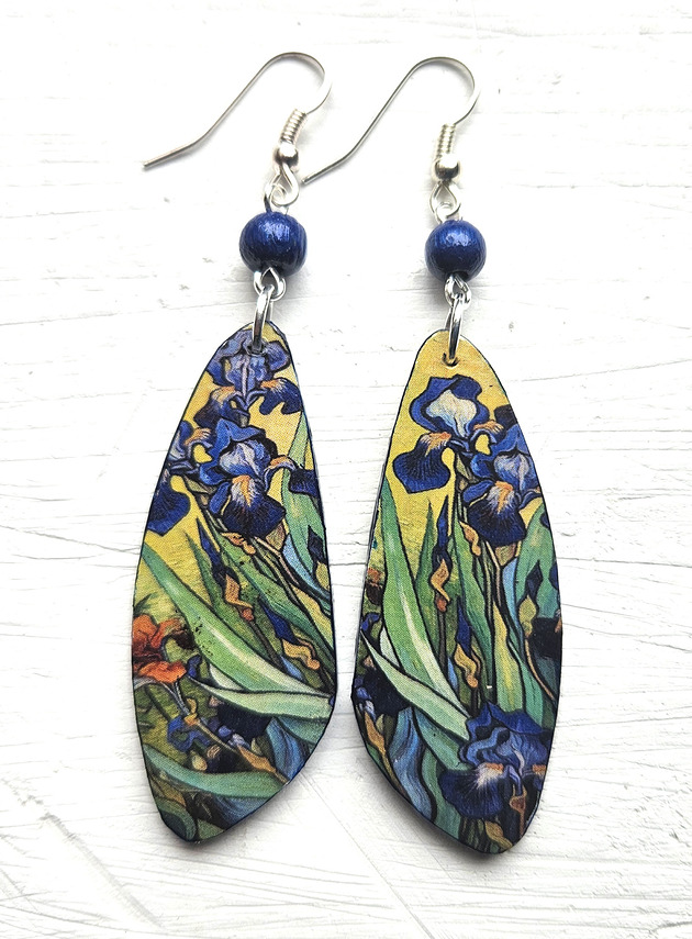 kolczyki drewniane Kwiaty irysy