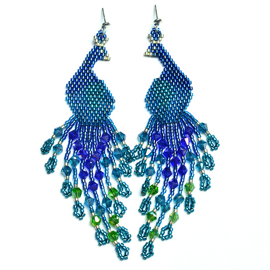 kolczyki szklane Pawie niebieskie II, kolczyki z frędzlami, beading