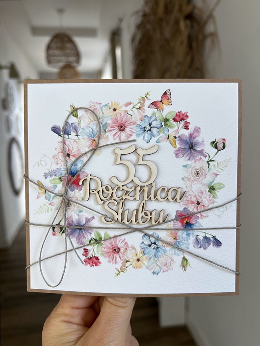 kartki scrapbooking Rustykalna kartka życzenia z okazji 55. rocznicy ślubu