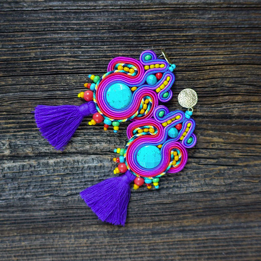 Etniczne  kolczyki soutache z chwostami Mró Soutache