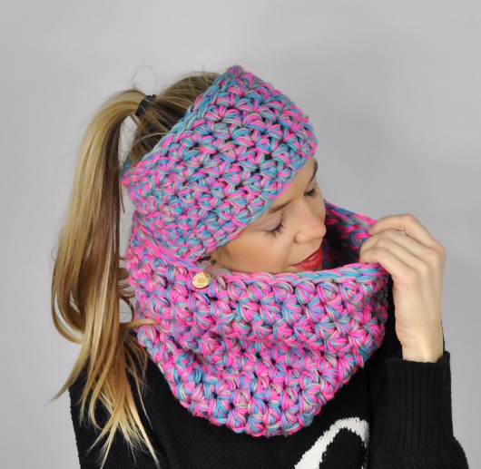 szale damskie Komplet komin i opaska Goodie HANDMADE - różowa