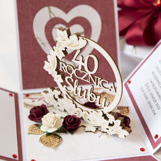 kartki scrapbooking 40 rocznica ślubu, rubinowe gody, exploding box, kartka 3d