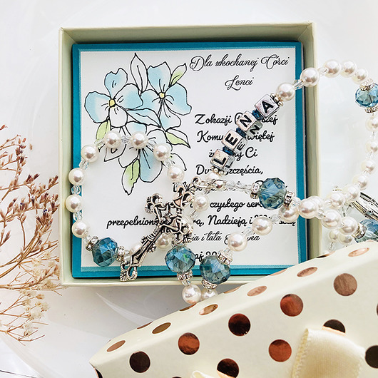 Różaniec z imieniem, perły prezent KOMUNIA Anemon Atelier