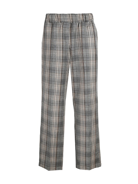 spodnie materiałowe damskie CS PREMIUM - Damskie wiskozowe spodnie w szarą kratę typu cygaretki