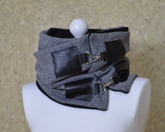 Szal ze skórą, Komin UNISEX - Szary z Czarnym Green Sheep