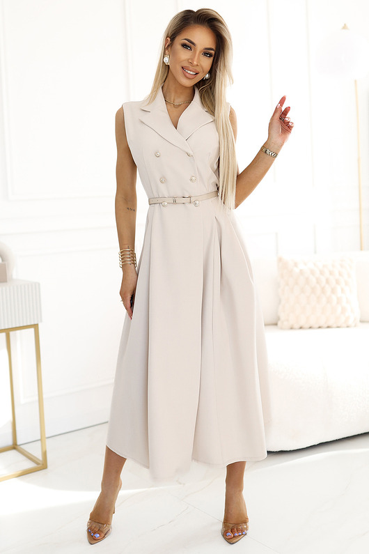 sukienki midi damskie 596-1 Elegancka szmizjerka midi ze złotymi guzikami i paskiem - BEŻOWA