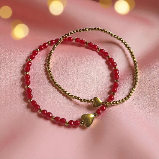 bransoletki z kamieni naturalnych Komplet czerwono-złoty : bransoletki z serduszkami : na prezent
