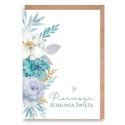 kartki na komunię Kartka na Pierwszą Komunię Świętą niebieskie kwiaty