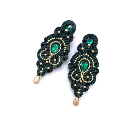 kolczyki soutache Kolczyki sutasz zielone ze złotem Olia wieczorowe z kryształkami