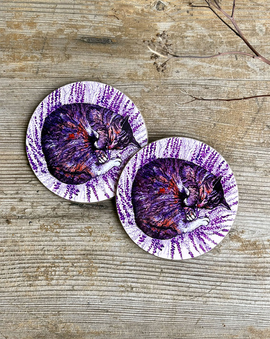 podkładki do kuchni Podkładki pod kubek- Kot i wrzos- Ilustracja