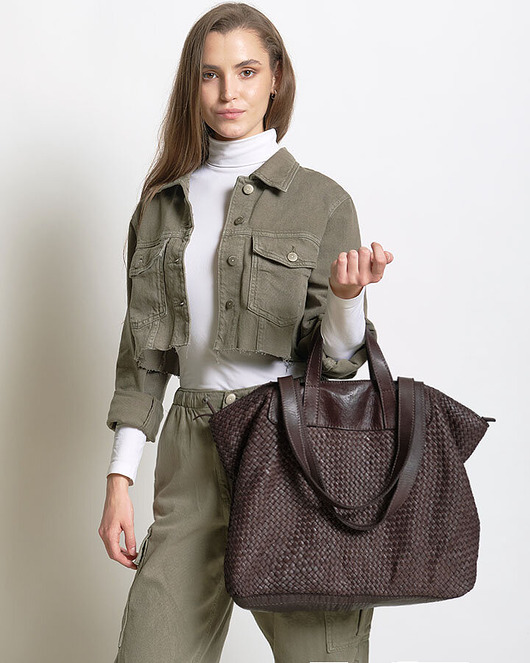 torby na ramię Torba damska pleciona shopper & shoulder leather bag - MARCO MAZZINI brąz caffe